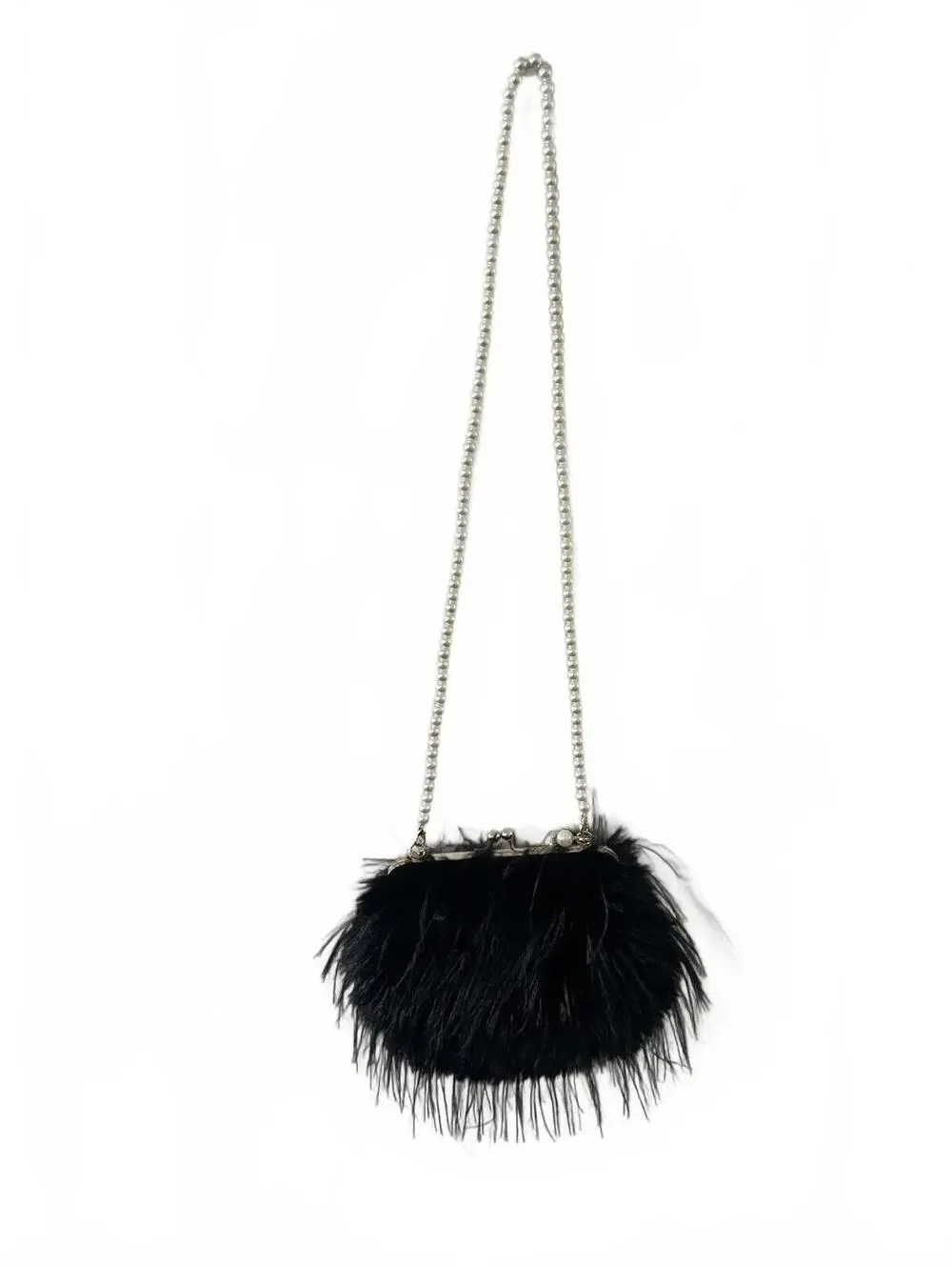 Black Faux Feather Purse with Prominent Pearl Strap.